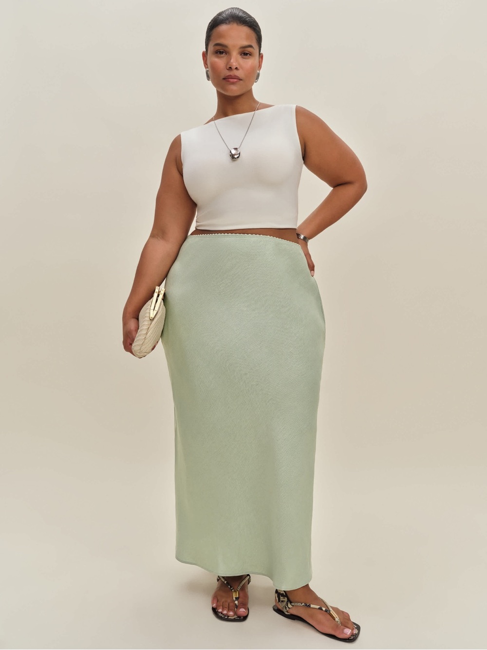 Reformation Layla Linen Skirt, Size 1X, Salvia